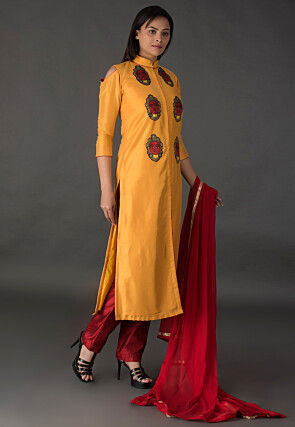 Embroidered Cotton Silk Front Slit Pakistani Suit in Mustard
