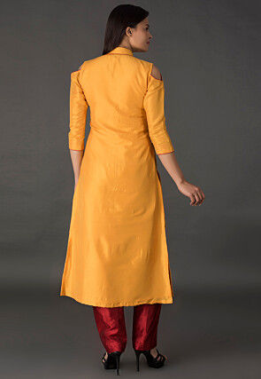 Embroidered Cotton Silk Front Slit Pakistani Suit in Mustard