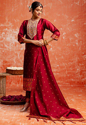 Embroidered Cotton Silk Jacquard Pakistani Suit in Maroon