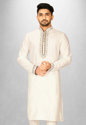 Embroidered Cotton Silk Kurta in Cream