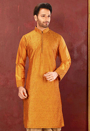 Embroidered Cotton Silk Kurta in Mustard
