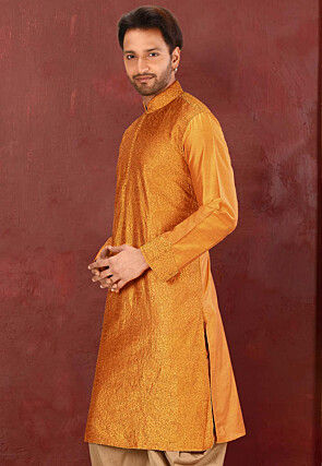 Embroidered Cotton Silk Kurta in Mustard