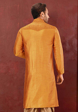 Embroidered Cotton Silk Kurta in Mustard
