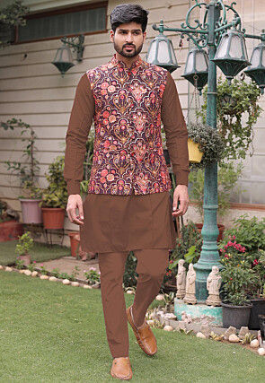 Embroidered Cotton Silk Kurta Jacket Set in Brown and Wine
