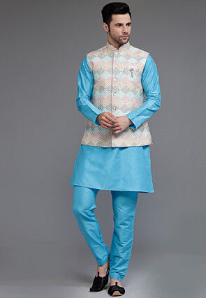 Embroidered Cotton Silk Kurta Set in Light Blue and Multicolor