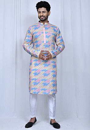 Embroidered Cotton Silk Kurta Set in Multicolor
