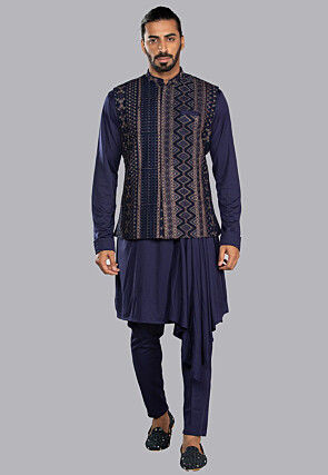 Embroidered Cotton Silk Kurta Set in Navy Blue