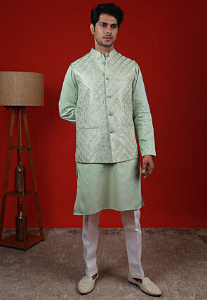 Embroidered Cotton Silk Kurta Set in Pastel Green