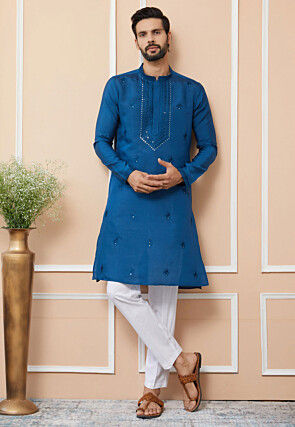 Embroidered Cotton Silk Kurta Set in Royal Blue