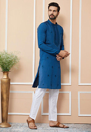 Embroidered Cotton Silk Kurta Set in Royal Blue