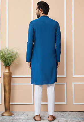 Embroidered Cotton Silk Kurta Set in Royal Blue