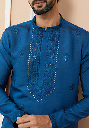 Embroidered Cotton Silk Kurta Set in Royal Blue