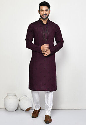 Embroidered Cotton Silk Kurta Set in Wine