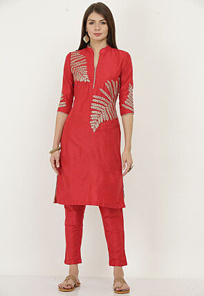 Embroidered Cotton Silk Kurta with Pant in Red