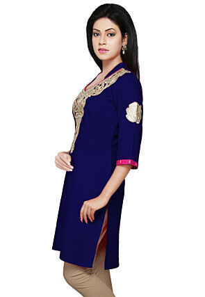 Embroidered Cotton Silk Kurti in Royal Blue
