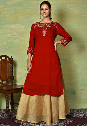 Embroidered Cotton Silk Lehenga in Red