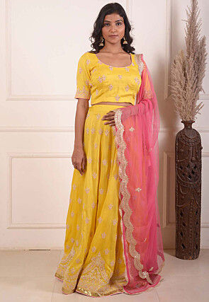 Embroidered Cotton Silk Lehenga in Yellow