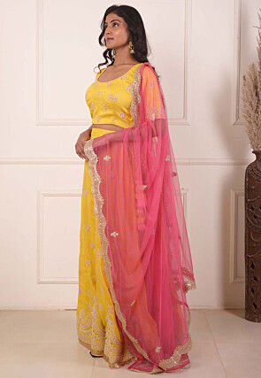 Embroidered Cotton Silk Lehenga in Yellow