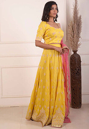 Embroidered Cotton Silk Lehenga in Yellow
