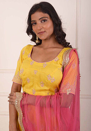 Embroidered Cotton Silk Lehenga in Yellow