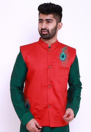 Embroidered Art Silk Nehru Jacket in Red