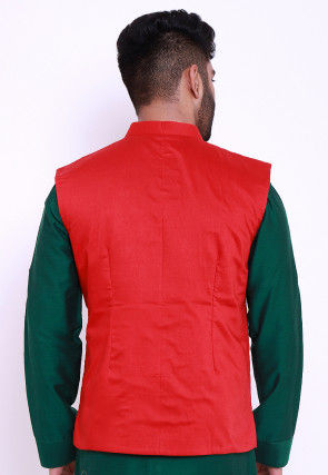 Embroidered Art Silk Nehru Jacket in Red
