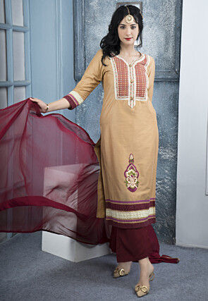 Embroidered Cotton Silk Pakistani Suit in Beige