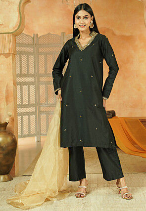 Embroidered Cotton Silk Pakistani Suit in Black
