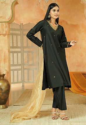 Embroidered Cotton Silk Pakistani Suit in Black