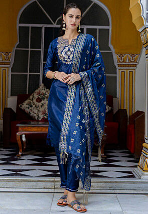 Embroidered Cotton Silk Pakistani Suit in Blue