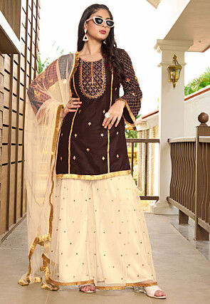 Embroidered Cotton Silk Pakistani Suit in Brown