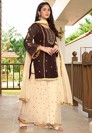 Embroidered Cotton Silk Pakistani Suit in Brown