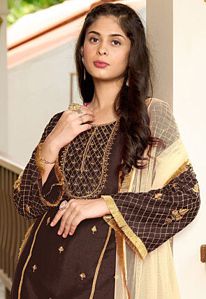 Embroidered Cotton Silk Pakistani Suit in Brown