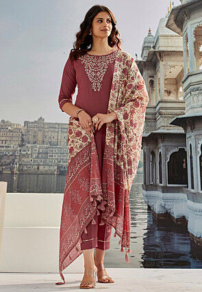 Embroidered Cotton Silk Pakistani Suit in Brown
