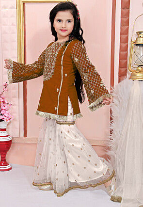 Embroidered Cotton Silk Pakistani Suit in Brown