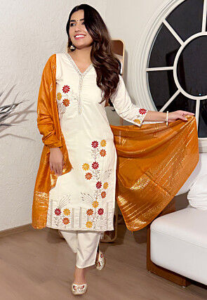 Embroidered Cotton Silk Pakistani Suit in Cream
