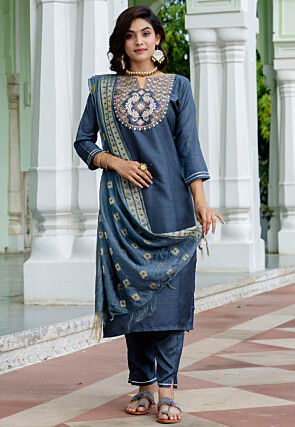 Embroidered Cotton Silk Pakistani Suit in Dusty Blue