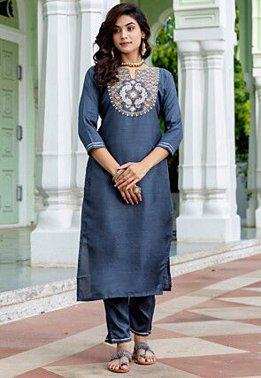 Embroidered Cotton Silk Pakistani Suit in Dusty Blue