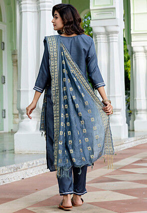 Embroidered Cotton Silk Pakistani Suit in Dusty Blue