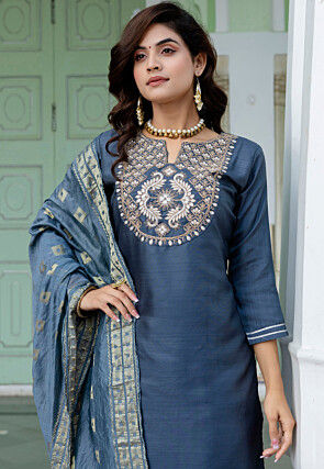 Embroidered Cotton Silk Pakistani Suit in Dusty Blue