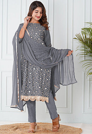 Embroidered Cotton Silk Pakistani Suit in Grey