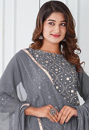 Embroidered Cotton Silk Pakistani Suit in Grey