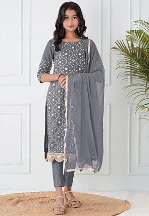 Embroidered Cotton Silk Pakistani Suit in Grey