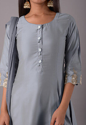 Embroidered Cotton Silk Pakistani Suit in Grey
