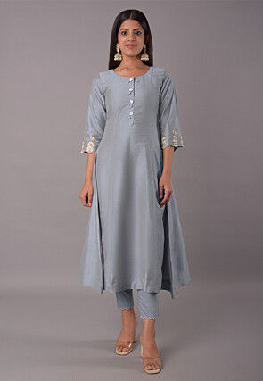 Embroidered Cotton Silk Pakistani Suit in Grey