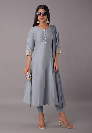 Embroidered Cotton Silk Pakistani Suit in Grey