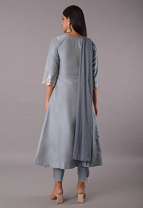 Embroidered Cotton Silk Pakistani Suit in Grey