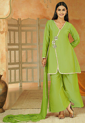 Embroidered Cotton Silk Pakistani Suit in Light Green
