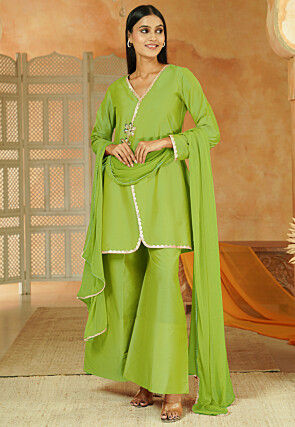 Embroidered Cotton Silk Pakistani Suit in Light Green