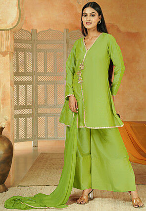Embroidered Cotton Silk Pakistani Suit in Light Green